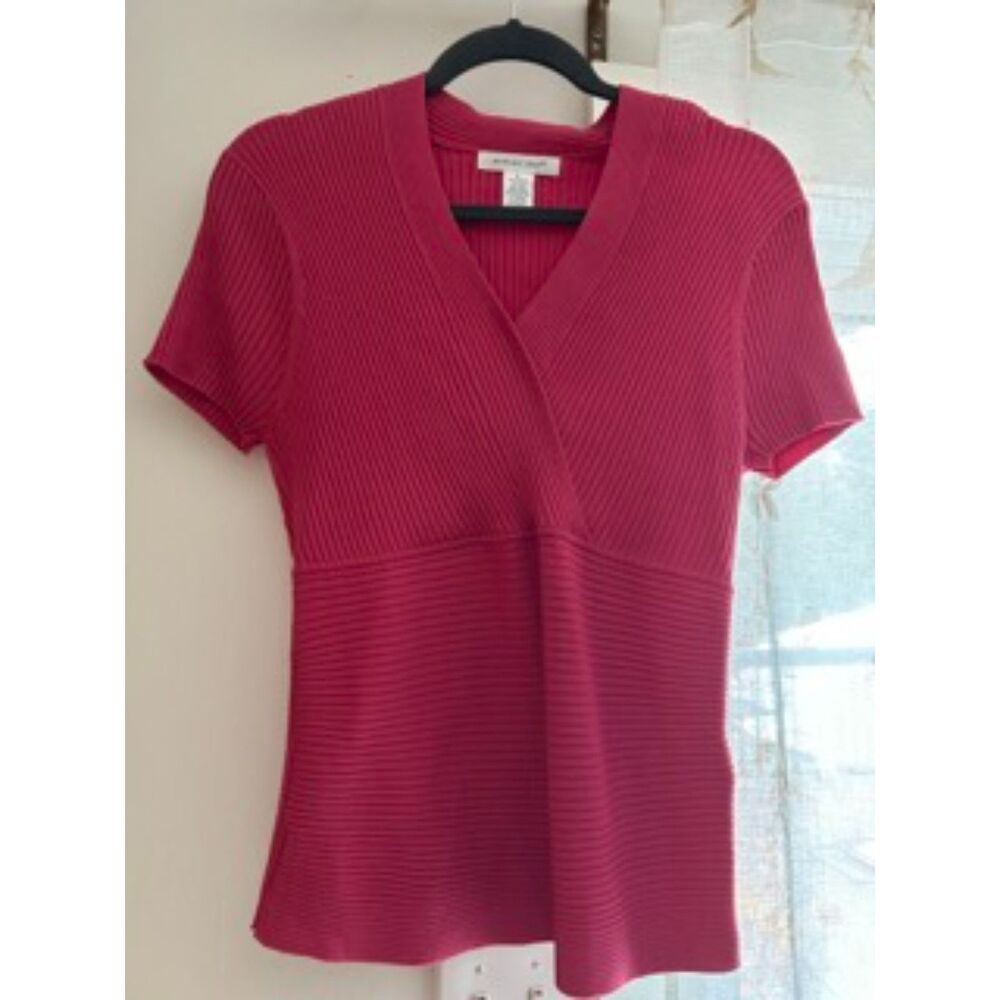 August Silk Pink Ribbed Short Sleeve Knit Top Women’s XL Stretch V Neck